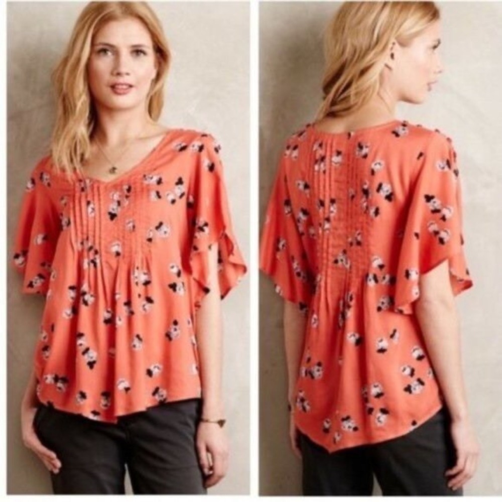 Maeve Anthropologie Orange Floral Pintuck Flutter Sleeve Blouse Top Size 6